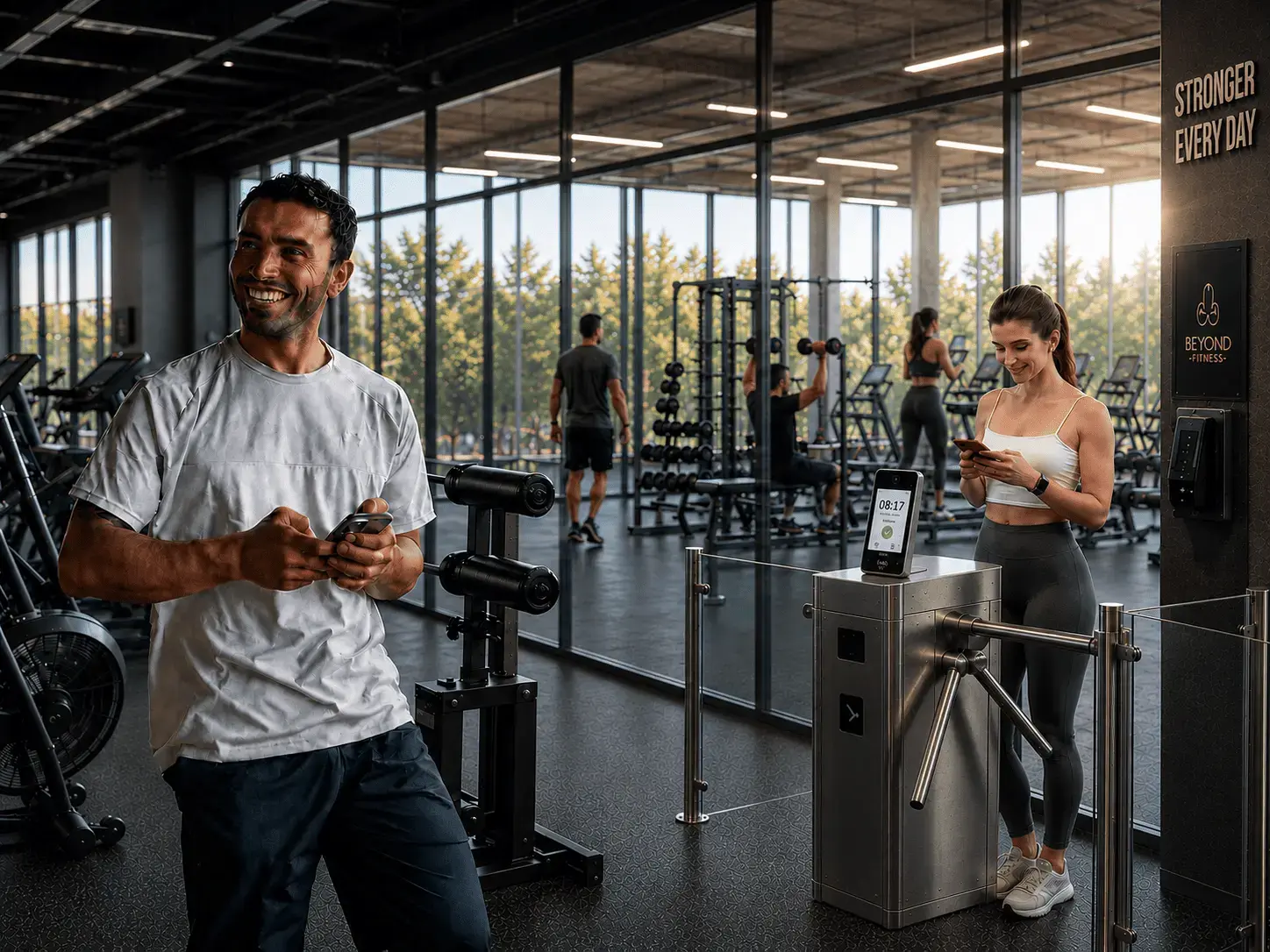 Modern gym members using mobile access at the entrance