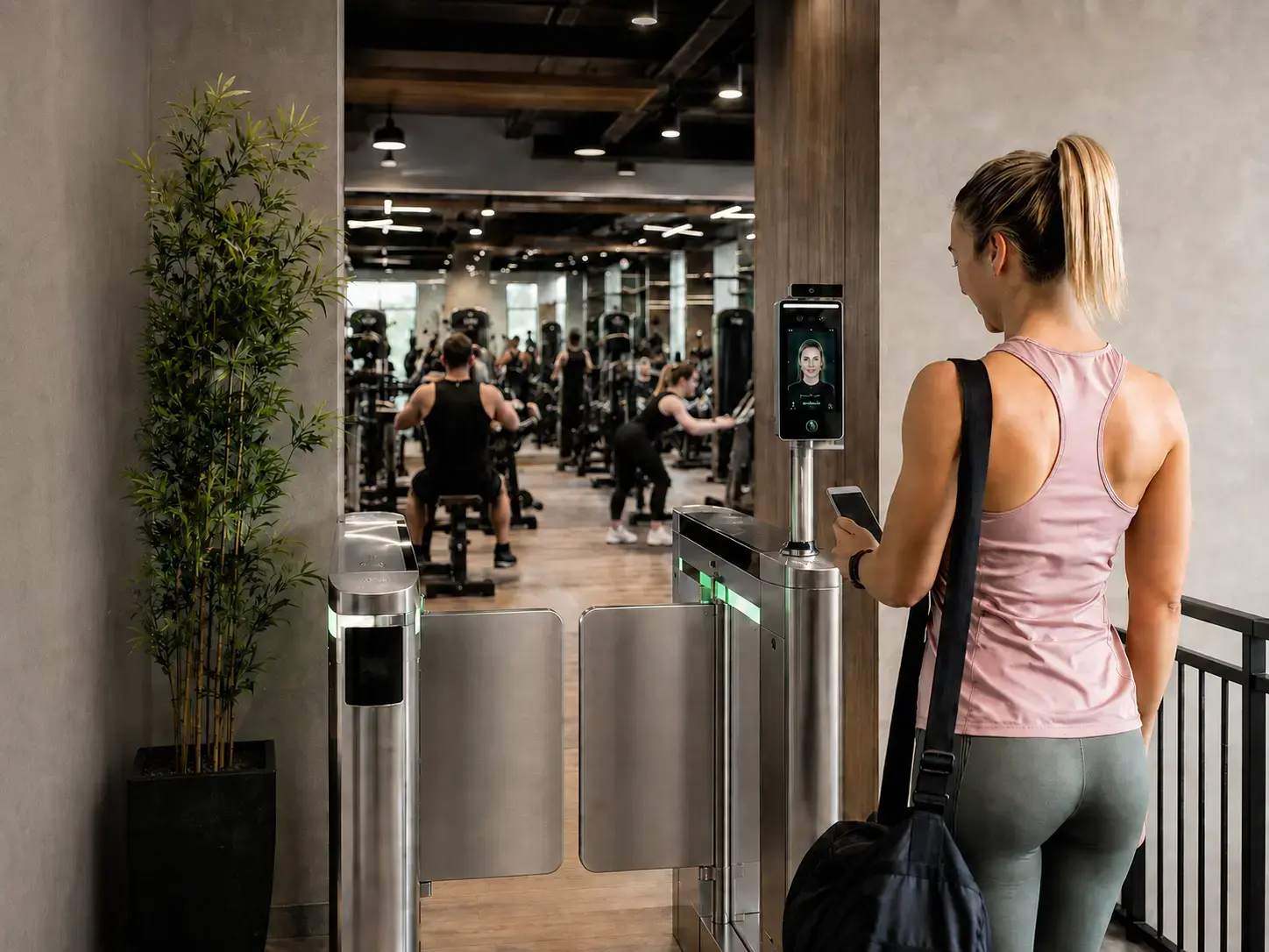 Gym member checking in with facial recognition at the gym entrance