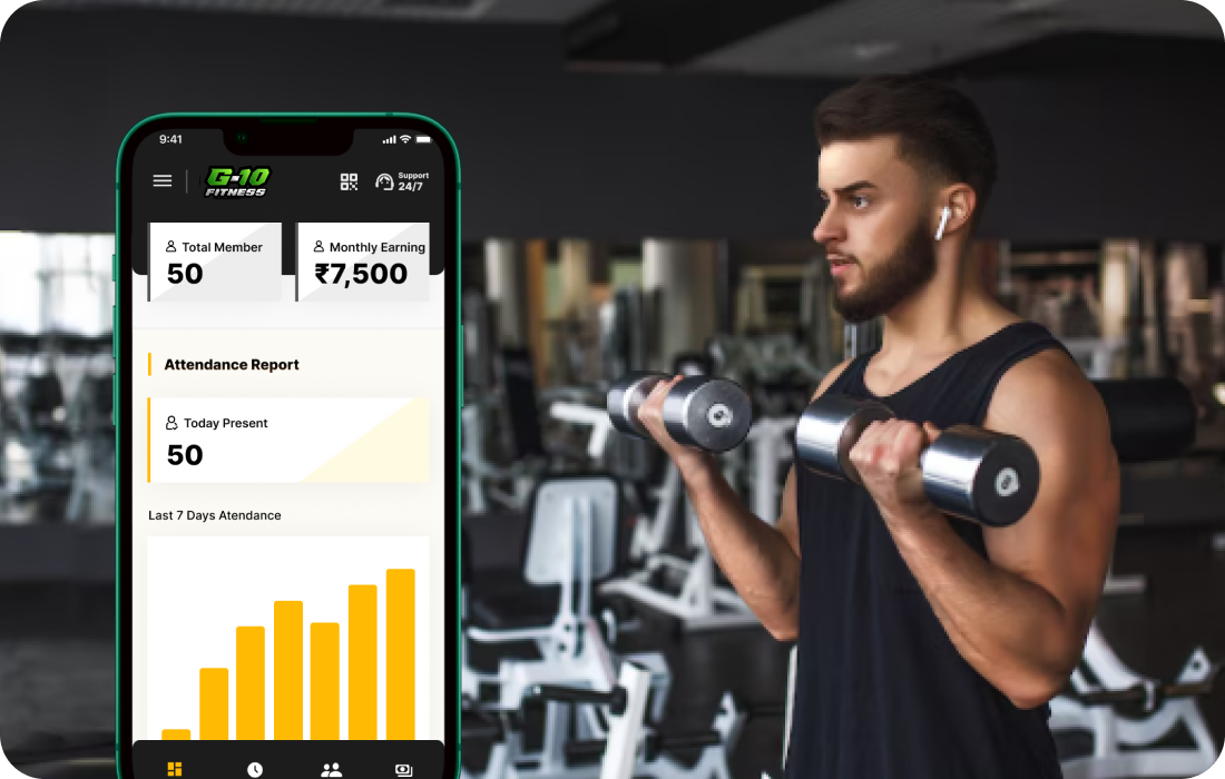 A man lifting dumbbells in a gym while a smartphone screen displays the G10 Fitness gym management app showing member count, monthly earnings, and attendance analytics.